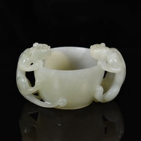 CARVED WHITE JADE OF TWIN DRAGONS BRUSH WASHER