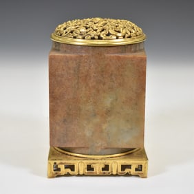 JADE CONG VASE & GILT BRONZE COVER ON STAND