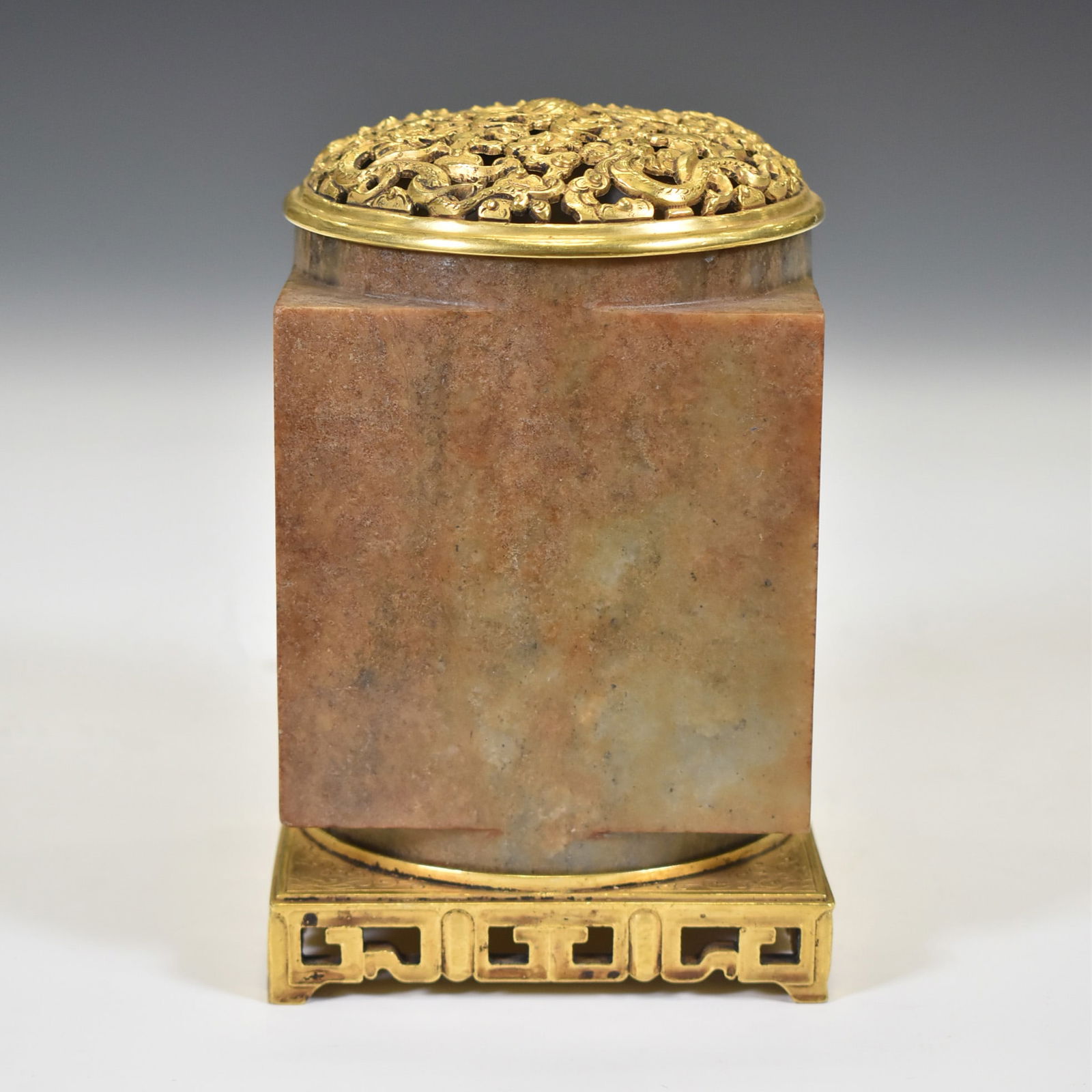 JADE CONG VASE & GILT BRONZE COVER ON STAND