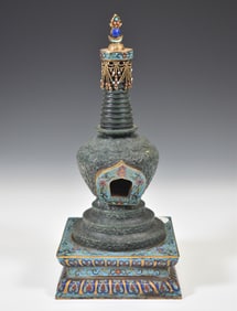 GILT BRONZE CLOISONNE & STONES INLAID GREEN JADE STUPA