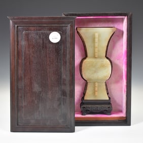 CHINESE JADE GU VASES ON STAND IN BOX