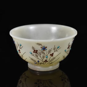 SEMI-PRECIOUS STONES INLAID CARVED WHITE JADE BOWL