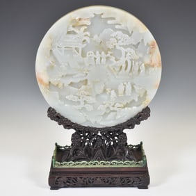 CHINESE WHITE JADE ROUND TABLE SCREEN ON STAND