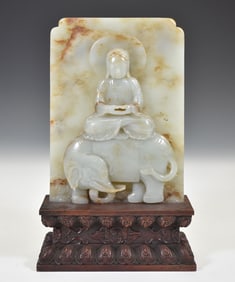 JADE BUDDHA TABLE SCREEN ON CLOISONNE STAND