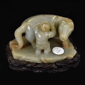CHINESE JADE FIGURE OF A BOY LEADING A HORSE