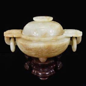A FINE CHINESE YELLOWISH-CELADON JADE TRIPOD CENSER