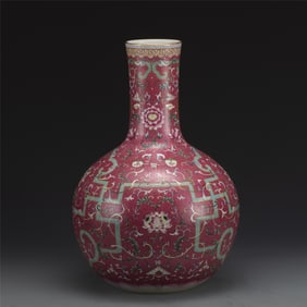 QING FAMILLE ROSE RUBY RED GROUND VASE