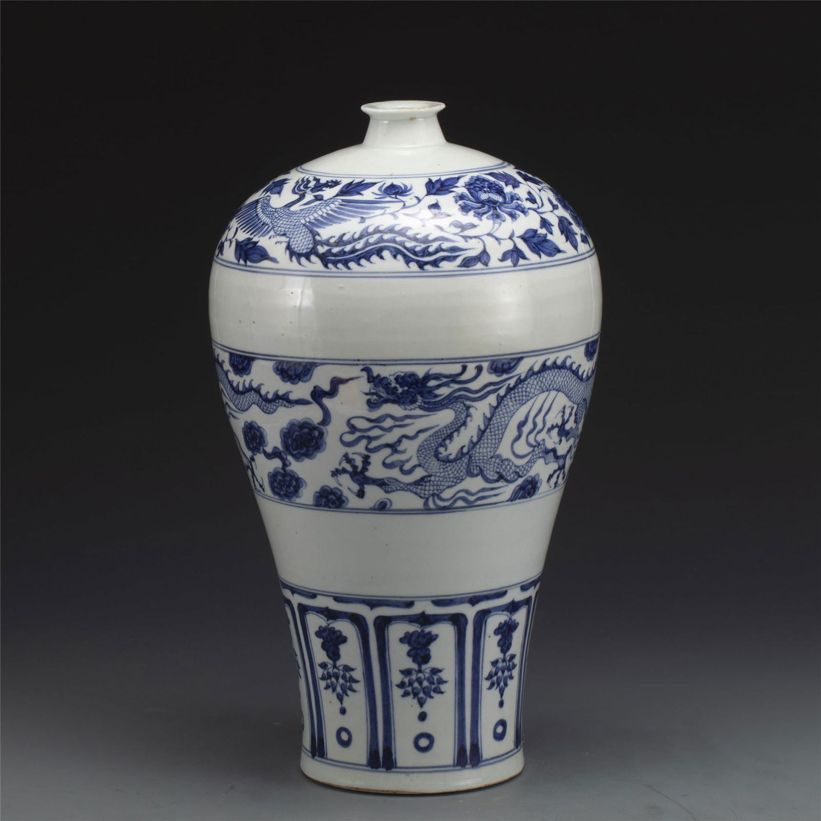YUAN BLUE & WHITE PLUM VASE: Dimensions: Width: 25.5cm, Height: 43.5cm. Chinese Yuan Dynasty Blue and White Dragon Porcelain Plum Bottle Vase. The porcelain potted into a traditional Meiping form, large, thick and tall potted, wi