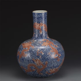QING BLUE & WHITE ALUM RED DRAGON CELESTIAL VASE
