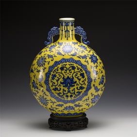 QING QIANLONG BLUE & YELLOW GLAZED MOON VASE ON STAND