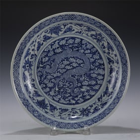 YUAN BLUE AND WHITE DRAGON PLATE