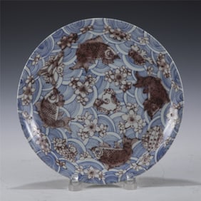 QING YONGZHENG BLUE AND WHITE UNDERGLAZE RED CARPS PLATE