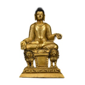 GILT BRONZE SANDALWOOD BUDDHA ON LION PEDESTAL