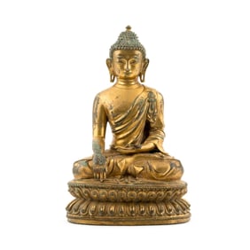 MING CHINESE GILT BRONZE SEATED SHAKYAMUNI BUDDHA