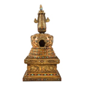 GILT BRONZE & TURQUOISE INLAID BUDDHA HOUSE STUPPA