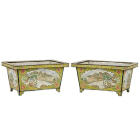 PAIR QIANLONG OPEN FACE RECTANGULAR BRASS PLANT POTS