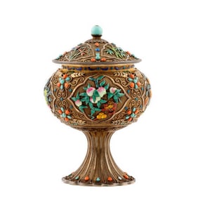 GILT SILVER FILIGREE INLAID COVERED HIGH STEM BOWL