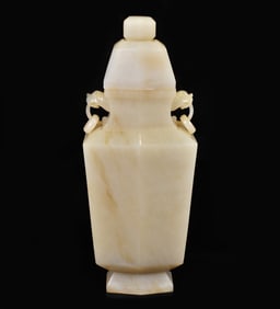 CREME-TEAL JADE COVERED URN WITH TIGER EARS