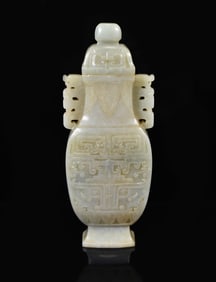 CHINESE CELADON JADE URN WITH TAOTIE MOTIF