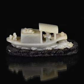 CHINESE CARVED JADE BOAT AND STAND