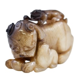 MING ANTIQUE JADE FU DOG EFFIGY