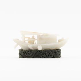 JADE CARVED BOAT ON STAND