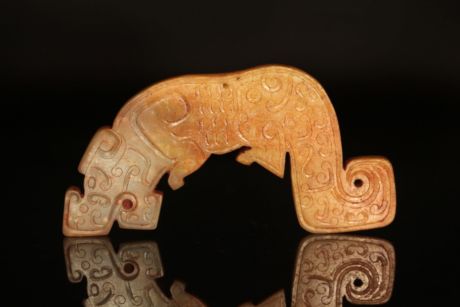 Western Zhou - White Jade with Red Tiger: L:5/8 4in(11.7cm) W:1/2 2in(6.3cm)