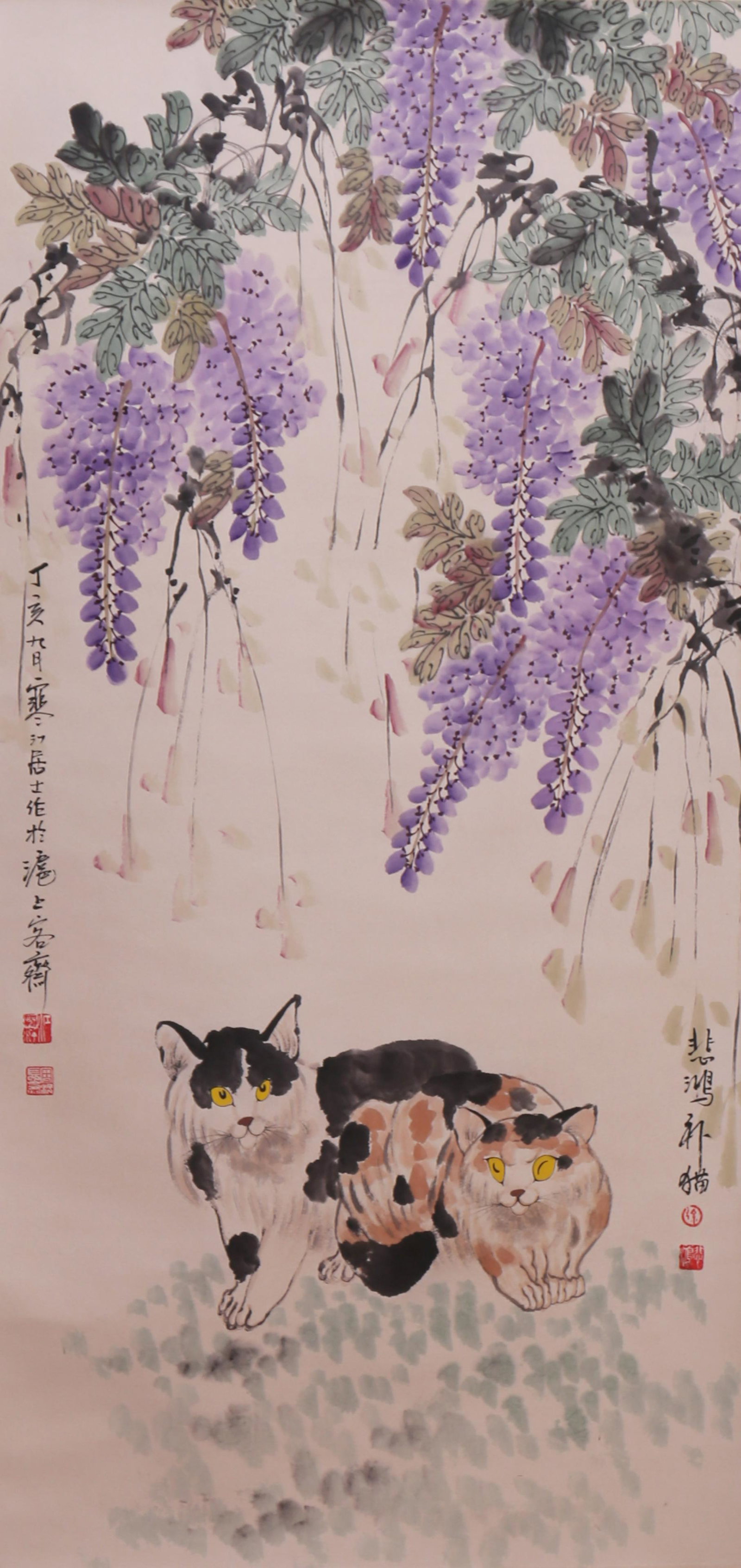 Jiang Handing and Xu Beihong Flower and Cat Painting: L: 39 3/8 in(100cm) W: 18 7/8 in(48cm)