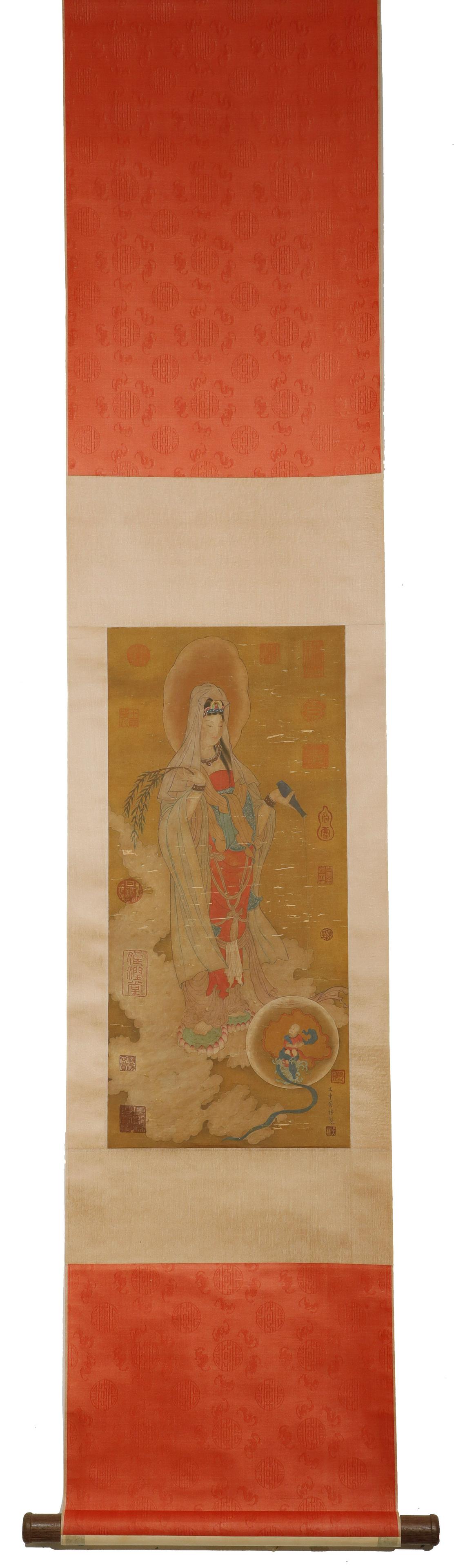 Ming Dynasty - "Wu Bin" Avalokitesvara Painting: L: 25 1/4 in(64cm) W: 11 3/8 in(29cm)