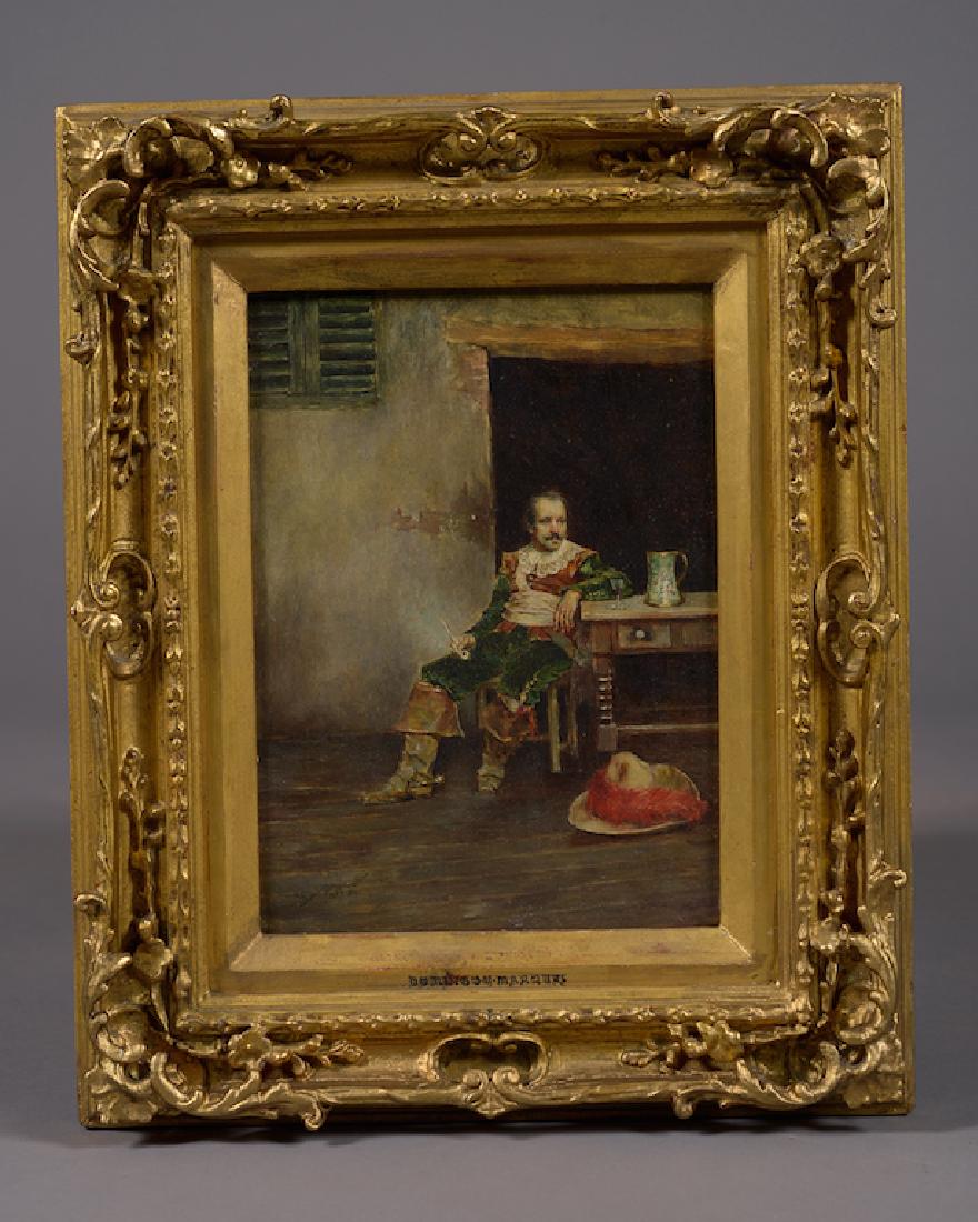 Spanish oil/board Painting Depicting a Cavalier Signed: Antique Spanish oil on board Painting Depicting a Seated Cavalier. Signed: Domingo 1889 Madrid Spain, Circa 1889Dimensions Framed: H: 15" W: 12 3/8"