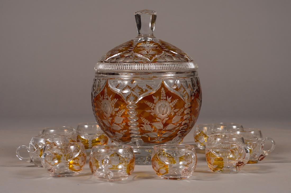 American Cut Glass Amber Colored Glass Punch Bowl w/10 (1 of 4)
