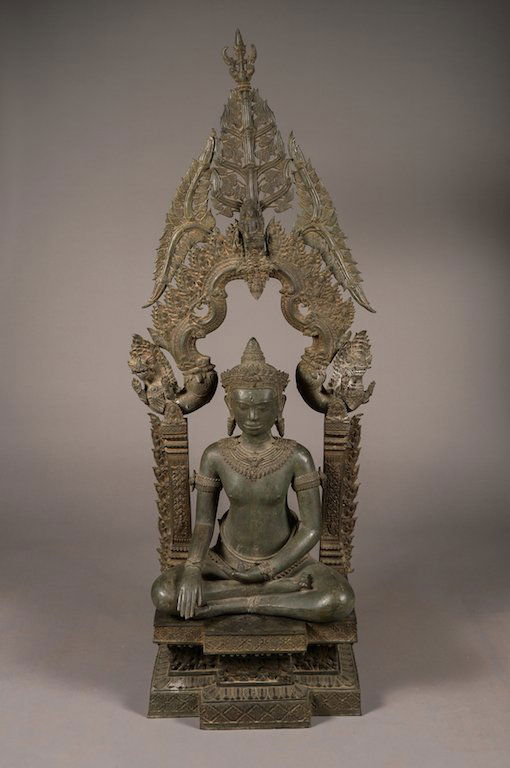 Large Bronze Thai Temple Buddha Estate of J.W Weber: Very Large Bronze Thai Temple Buddha Circa 1950 or earlier From the Estate of John Robert Weber Dimensions H: 69" W: 27" D: 16"