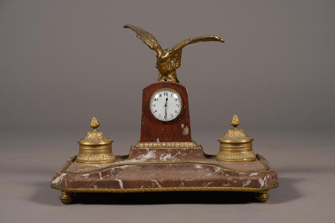 Rouge marble gilt brass mounted ink well and clock (1 of 5)