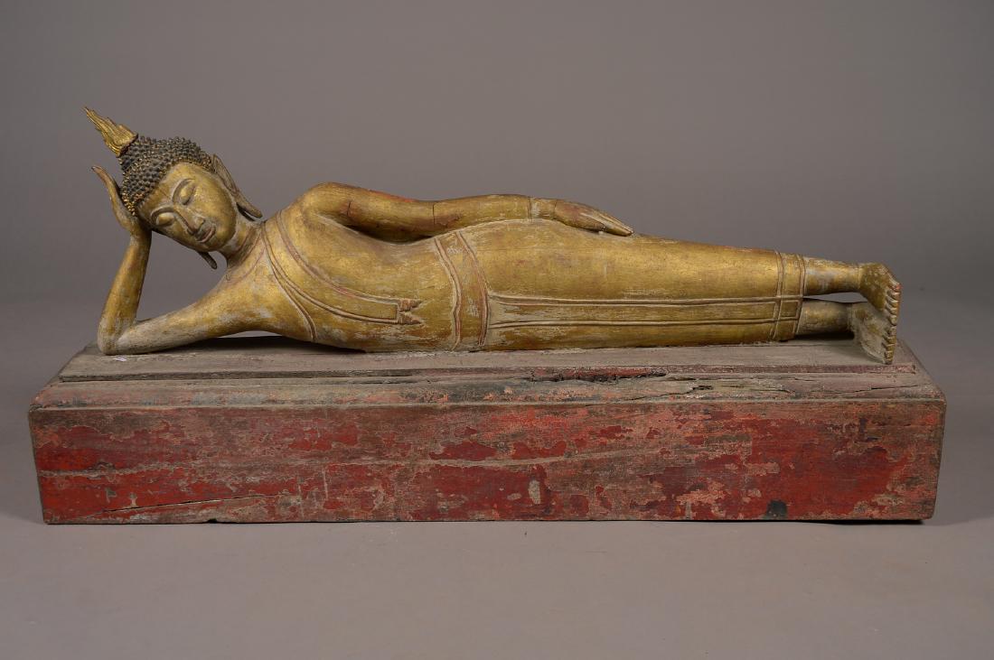 A Large Thai Wood Carved & Polychrome Reclining Buddha (1 of 5)