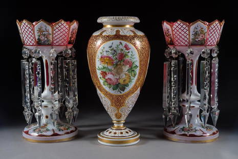 3-Piece Antique Bohemian Red Glass Lusters & Vase: 3-Piece Bohemian Red Glass Enameled Lusters & Vase. The Vase Having 3 Painted Enameled Areas One Depicting Three Cherubs In a Landscape and the other two With Floral Bouqets. The Lusters With