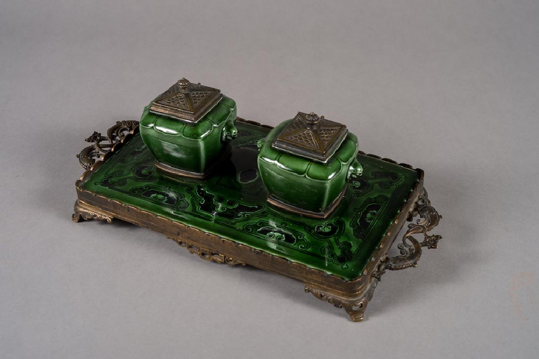 Theodore Deck (1823-1891) French Green Pottery Inkwell: Theodore Deck (1823-1891) French Green Glazed Pottery Inkwell. Marked H.Deck In A Few Areas, Bronze Mounts Possibly F. Barbedienne Dimensions: Height: 5" Width: 15" Depth: 6 3/4"