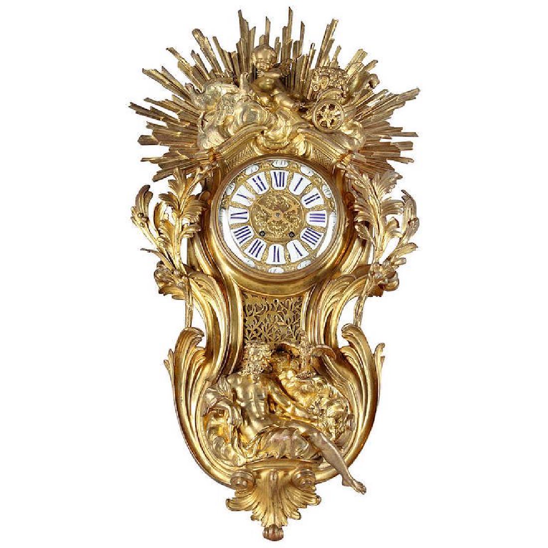 Massive French Bronze Cartel Clock: Massive 19Th C. French Bronze Cartel Wall Clock, The Cartouche-Shaped Case Representing Sunrise And Sunset, Surmounted By A Putto And Doves In The Venus’ Chariot Above Clouds In Front Of A Large Sun