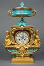 French Sevres Porcelain Jeweled Turquoise Mantel Clock,