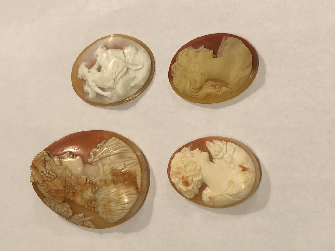 Four Italian Antique Carved Shell Cameo: Four Italian Antique Carved Shell Cameo, Approximate Dimensions of largest Height: 2.5" Width: 1 3/4", Dimensions of smallest Height: 1.5" Width: 1"