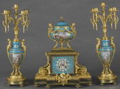 French Ormolu Bronze Mounted Sevres Clock Garniture