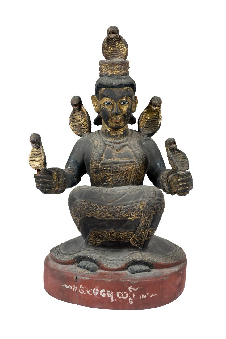 Thai Gilt Carved Wood Seated Buddha W/Writing: Thai Gilt Carved Wood Seated Buddha with Gold highlight and Thai Writing Dimensions Height: 24.5"