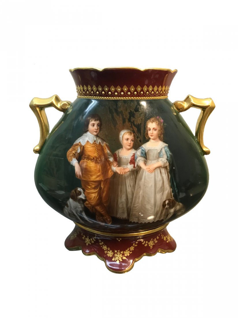 Dresden Porcelain Green Ground Painted Vase: Royal Vienna Style Porcelain Vase Signed Wagner, hand painted depicting three children accompanied by two dogs on a green & red ground Porcelain, with gold decoration. Dimensions: Height: 7 3/4" Width