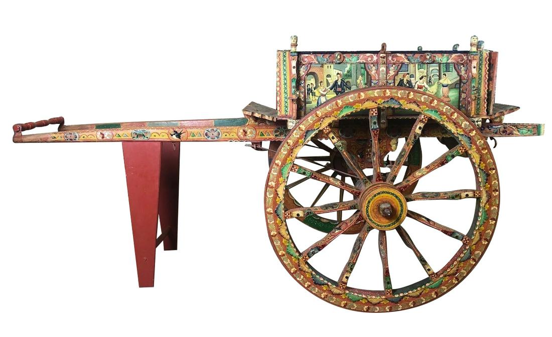 Large Italian Processional Donkey Cart: Large Italian Processional Donkey Cart , Italian wine, wedding, parade or circus cart. Highly decorated within every inch of the cart. The cart is in extremely good condition. We have sold a couple of