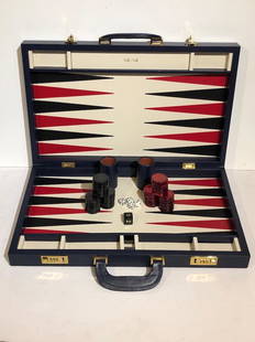 Scully & Scully Professional Leather Backgammon Set: Scully & Scully Professional Leather Backgammon Set, Measures 28¼" w x 22¾" d x 1¾" h open. Measures 14" w x 22¾" d x 3½" h closed.