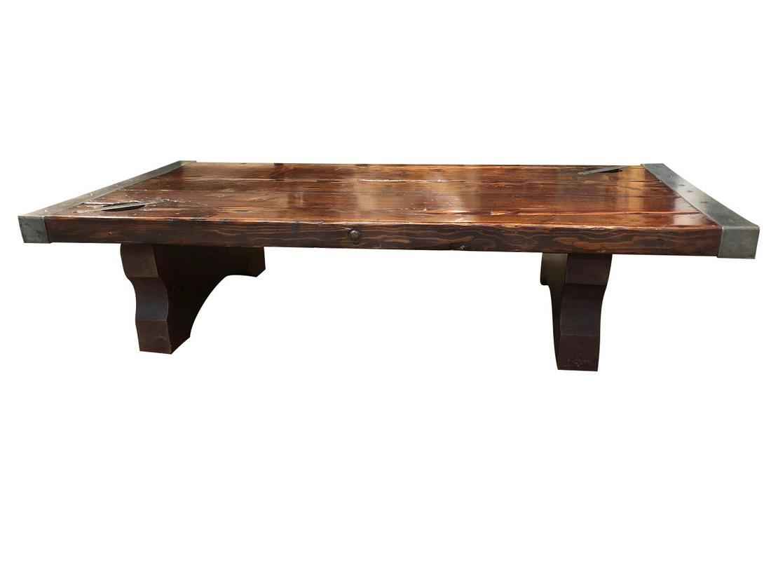 Vintage Stained Pine & Iron Coffee table 3/pieces: Vintage American Stained Pine & Iron Coffee table 3/pieces, Circa 1970, Dimensions: Height: 13.5" Length: 60" Depth: 28.5"
