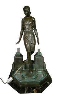 French Art Deco Sculptured Table Lamp By Pierre Le: Art Deco Sculptured Table Lamp By Pierre Le Faguays Titled Nausicaa c.1930's by French artist Pierre Le Faguays (1892-1962, The sculpture has a mirrored portion in the fountain. Signed 'Fayral for Le