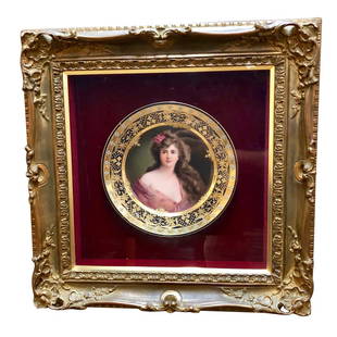 Royal Vienne Portrait Plate Depicting a Classical: Royal Vienna Portrait Hand Painted Plate Depicting a Classical Beauty/ Framed, with decorated turquoise beads on a gold and cobalt blue background, having a red Royal Vienne Beehive mark on the rear,