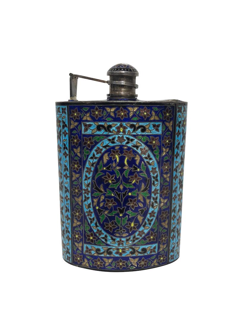 Sterling Silver .925 & Decorated Enameled Flask: Sterling Silver .925 & Decorated Enameled Flask, Dimensions: 5 3/4" Weight: 200 Grams