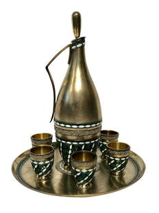 Russian Sterling Silver & Enamel Drinking Set 6/Cups: Russian Sterling Silver & Green Enamel Drinking Set 6/Cups, each piece hallmarked, Dimensions: Height: 8" Diameter: 8 5/8" Cup: 1 3/8" , weight: 620 grams