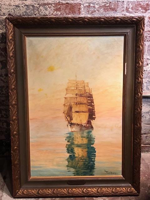 Willem Jan Pieter van der Does (1889-1966) Oil Painting: Willem Jan Pieter van der Does (1889-1966) Oil Painting of Ship At Sunset on the Water. Signed and has name plate. Painting measures 29 1/2" high by 19" wide, frame size 36" by 27".